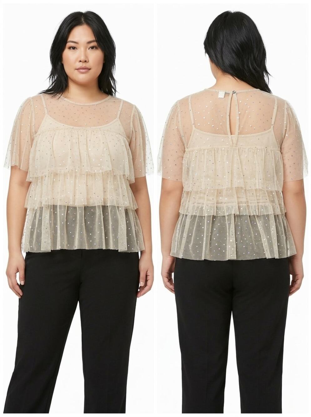 Forever 21 Beige Ruffle Crew Neck Polka Dot Blouse Women Plus Size 3X